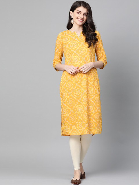 

HERE&NOW Women Mustard Yellow Bandhani Print Straight Kurta