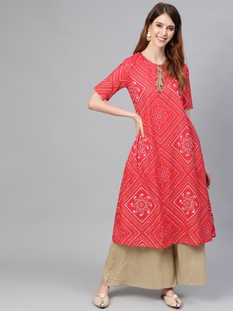 

HERE&NOW Women Red & White Bandhani Printed A-Line Kurta