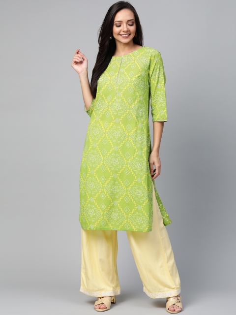 

HERE&NOW Women Green & Yellow Bandhani Printed Straight Kurta