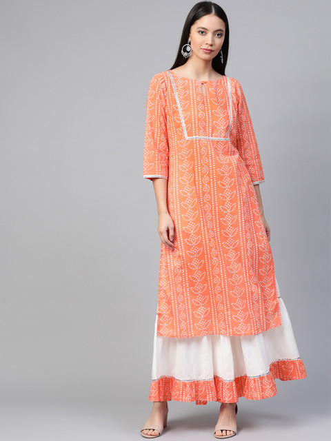 

HERE&NOW Women Orange & White Printed Kurta with Sharara