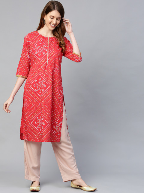 

HERE&NOW Women Red & Peach-Coloured Bandhani Printed Kurta with Trousers