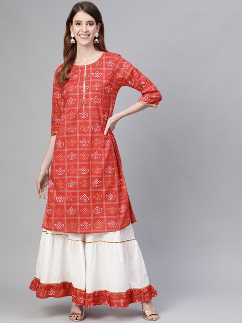 

HERE&NOW Women Red & White Bandhani Printed Kurta with Sharara