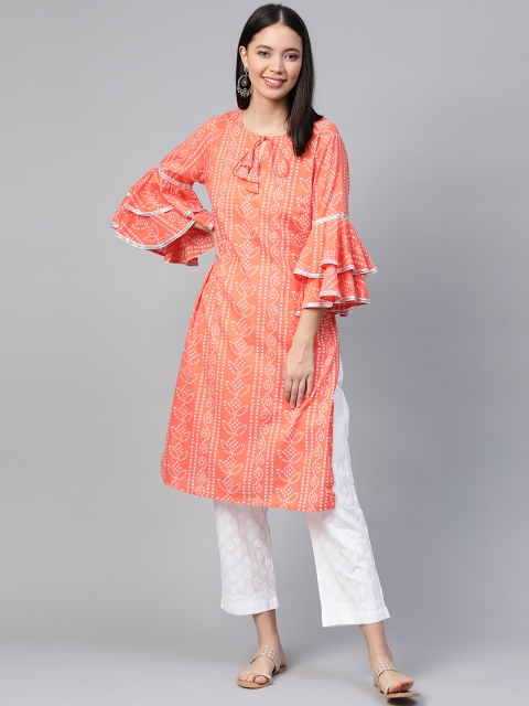 

HERE&NOW Women Coral Pink & White Bandhani Printed Straight Kurta
