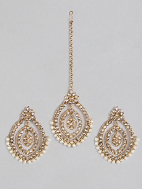 

Anouk Gold-Toned Kundan & Pearls Earrings & Maangtikka Set