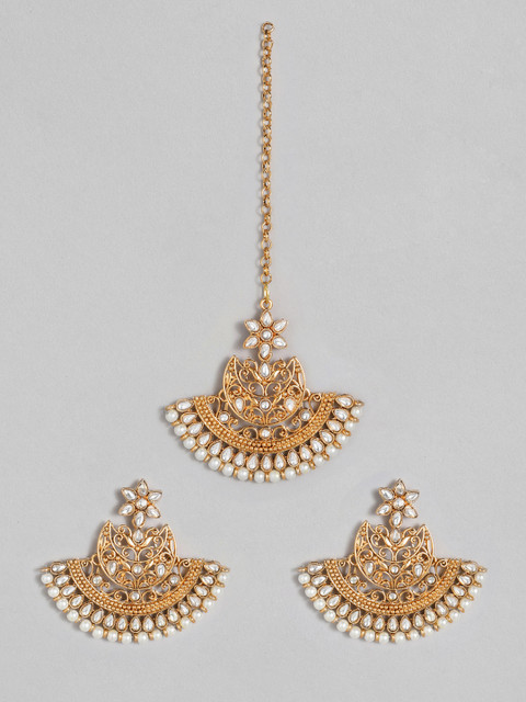 

Anouk Gold-Toned Kundan & Pearls Earrings & Maangtikka Set