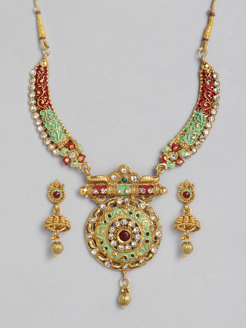 

Anouk Green & Red Gold-Plated Studded Meenakari Jewellery Set