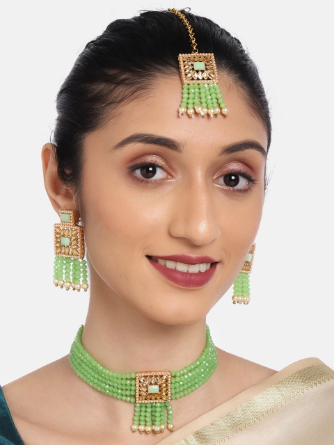 

Anouk Green Gold-Plated Studded Tasselled Jewellery Set