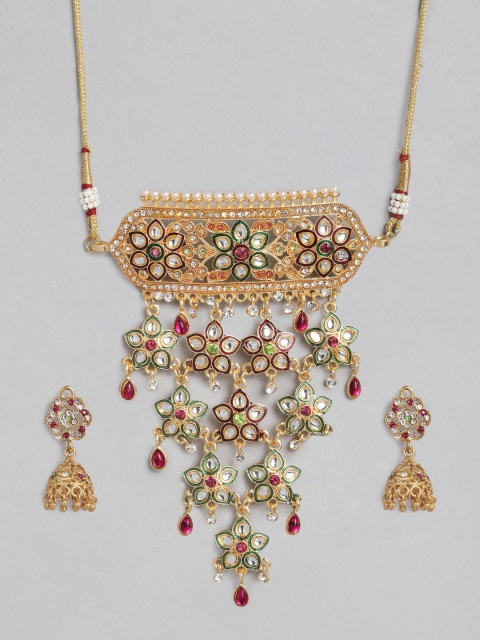 

Anouk Green & Red Gold-Plated Studded Meenakari Jewellery Set