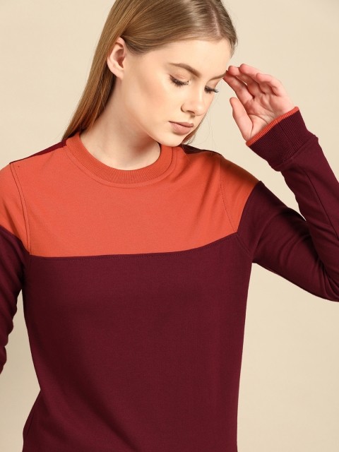 Women Maroon & Orange Colourblocked Sweatshirt