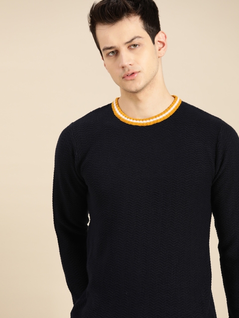 

ether Men Navy Blue Chevron Acrylic Sweater
