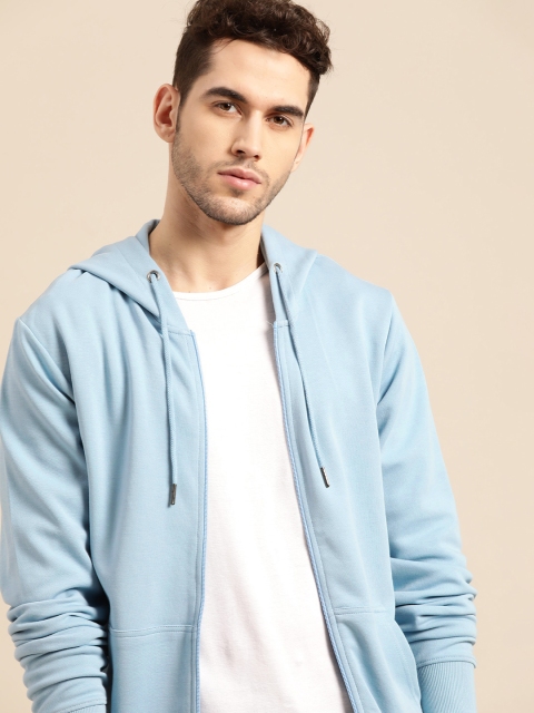 

ether Men Blue Solid Hooded Sweatshirt with Printed Back