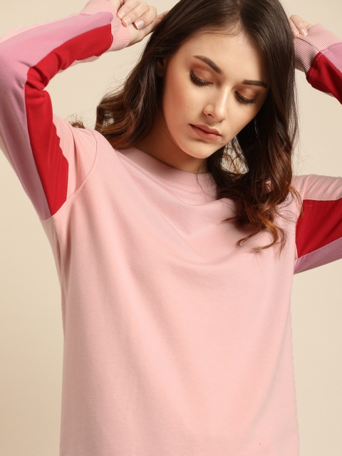 

ether Women Pink Solid Sweatshirt with Colorblocked Sleeve