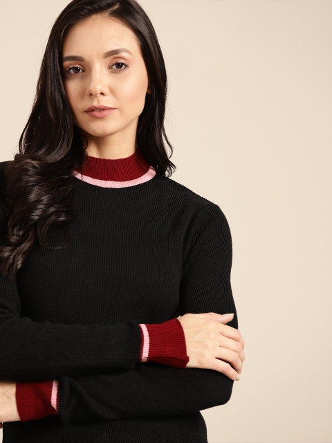 

ether Women Black Ribbed Acrylic Pullover