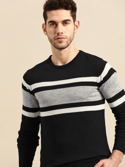 

ether Men Black & Grey Melange Striped Pullover Sweater