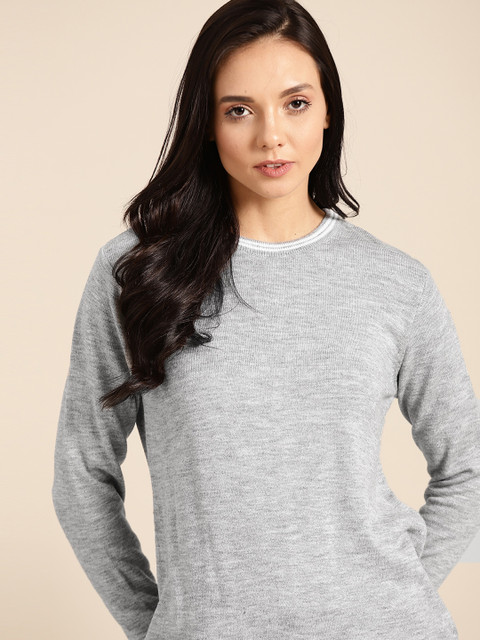 

ether Women Grey Melange Solid Acrylic Pullover