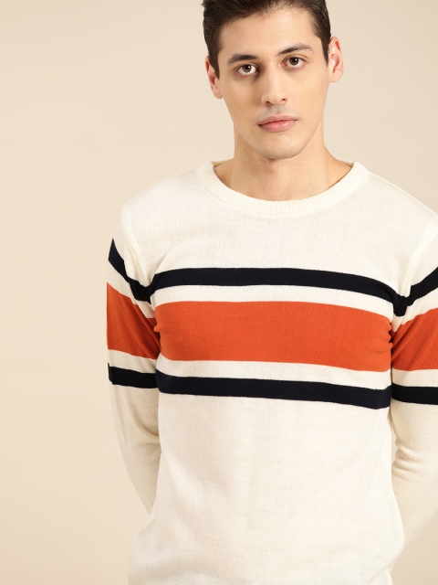 

ether Men Cream-Coloured & Orange Striped Pullover Sweater