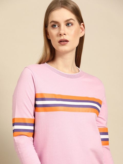Women Pink & Mustard Orange Striped Sweatshirt