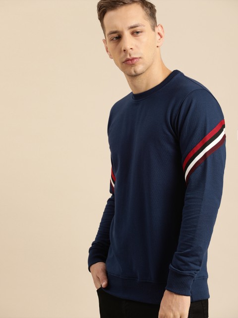 

ether Men Navy Blue Solid Sweatshirt with Striped Sleeve