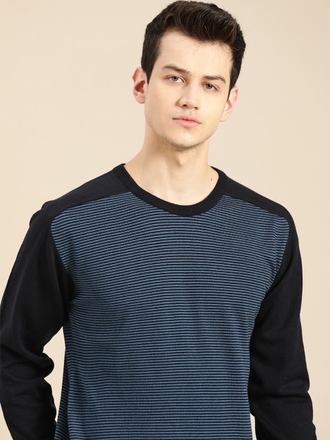 

ether Men Black & Blue Self-Striped Acrylic Sweater