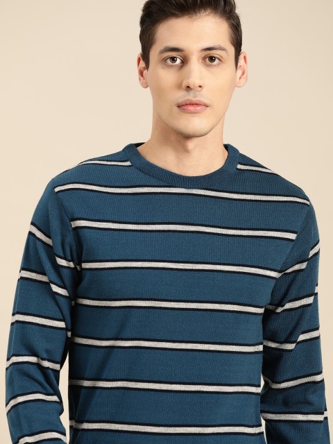 

ether Men Teal Striped Acrylic Sweater