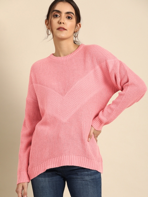

ether Women Pink Self Design Pullover Sweater