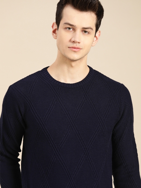 

ether Men Navy Blue Self-Checked Pullover Sweater