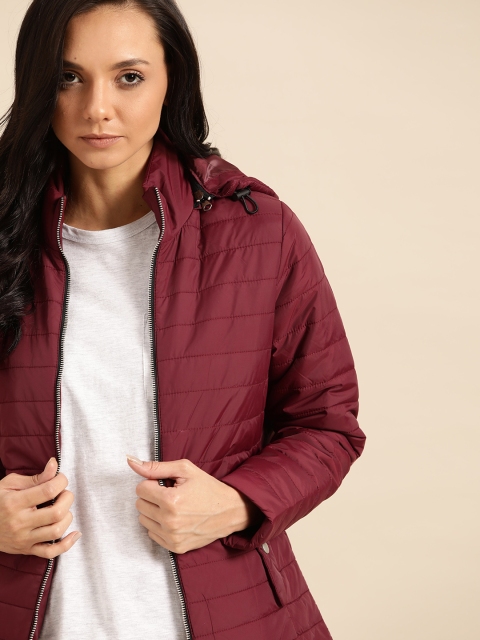 

ether Women Burgundy Solid Hooded Padded Jacket