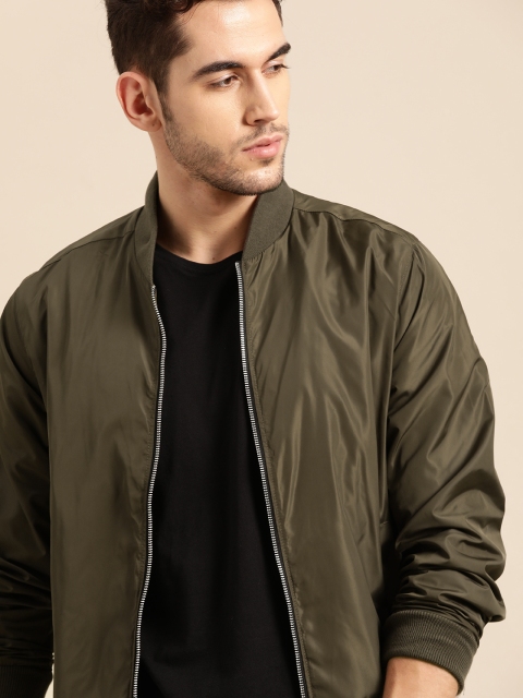 

ether Men Olive Green Solid Bomber Jacket