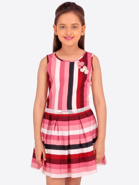 

CUTECUMBER Girls Pink & Black Striped Fit and Flare Dress