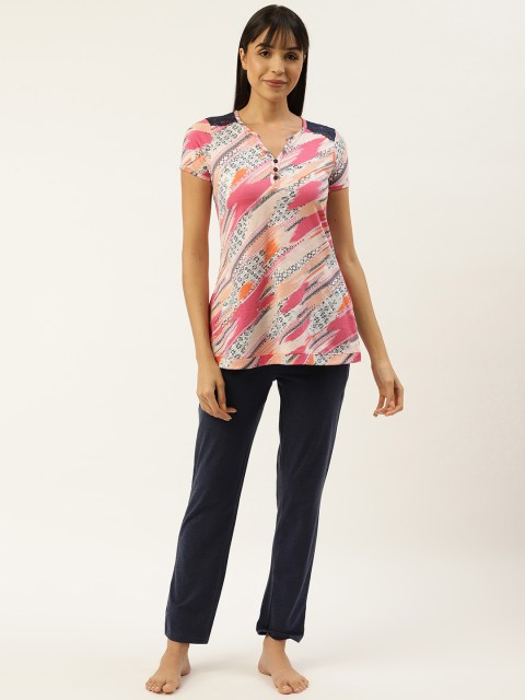 

Sweet Dreams Women Pink & Navy Blue Printed Night Suit