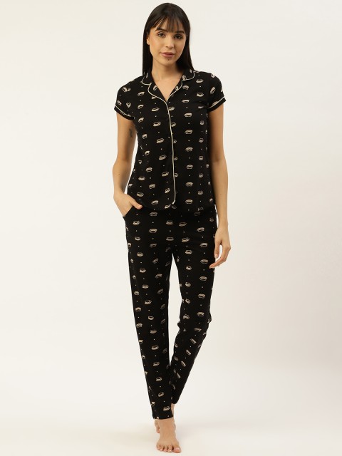 

Sweet Dreams Women Black & Beige Conversational Print Night Suit