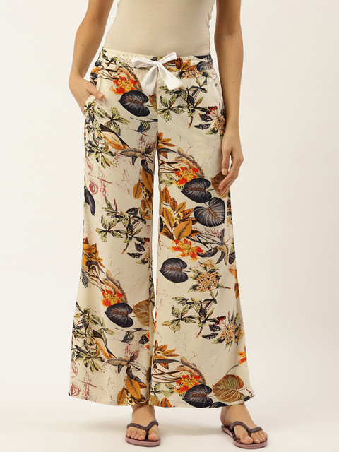 

Sweet Dreams Women Cream-Coloured & Mustard Yellow Tropical Print Flared Lounge Pants