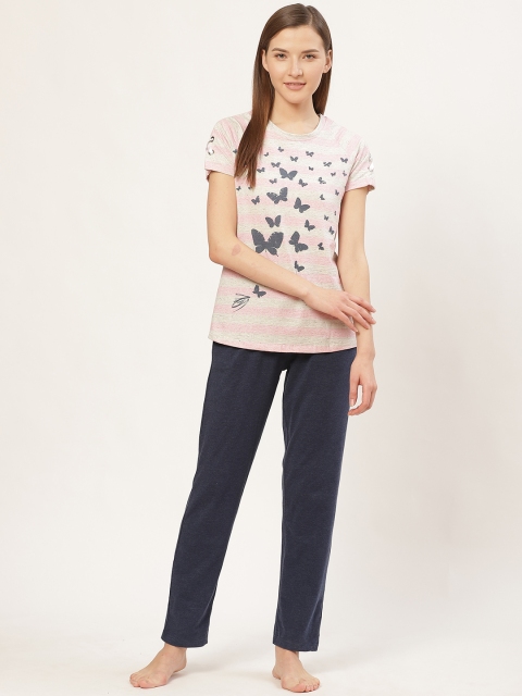 

Sweet Dreams Women Pink & Navy Blue Butterfly Print Night Suit