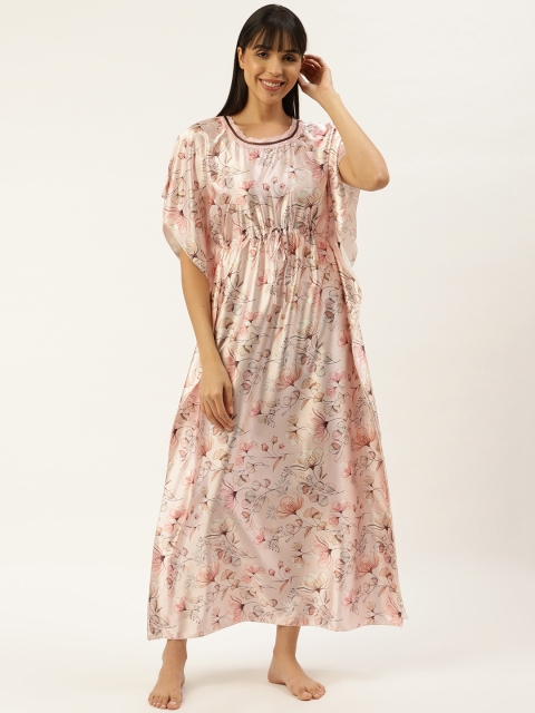 

Sweet Dreams Peach-Coloured Satin Finish Lace Floral Printed Kaftan Maxi Nightdress