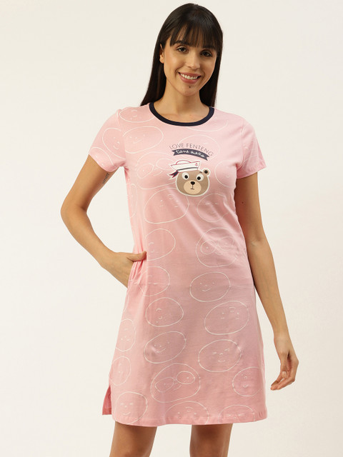 

Sweet Dreams Pink & White Quirky Printed A-Line Nightdress