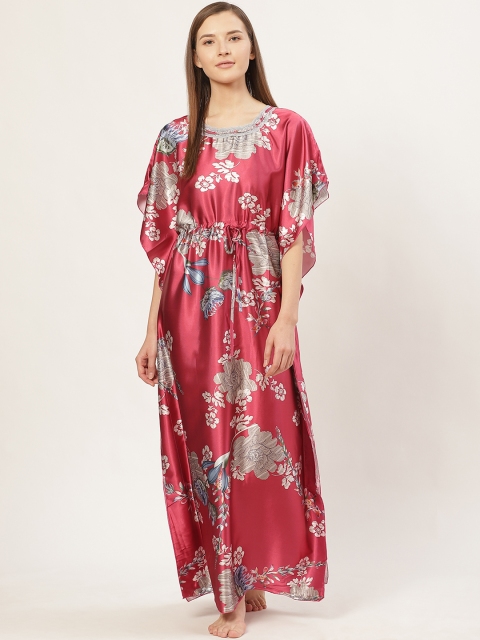 

Sweet Dreams Maroon & Beige Floral Print Satin Finish Maxi Kaftan Nightdress