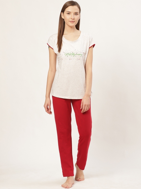 

Sweet Dreams Women Off-White & Red Typography Printed Night suit