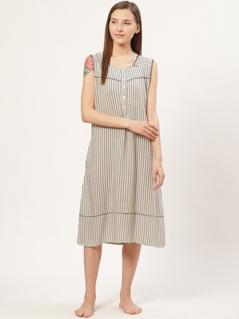 

Sweet Dreams Off-White & Charcoal Grey Geometric Printed A-Line Nightdress