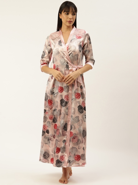 

Sweet Dreams Pink & Charcoal Grey Satin Finish Floral Print Maxi Nightdress & Robe