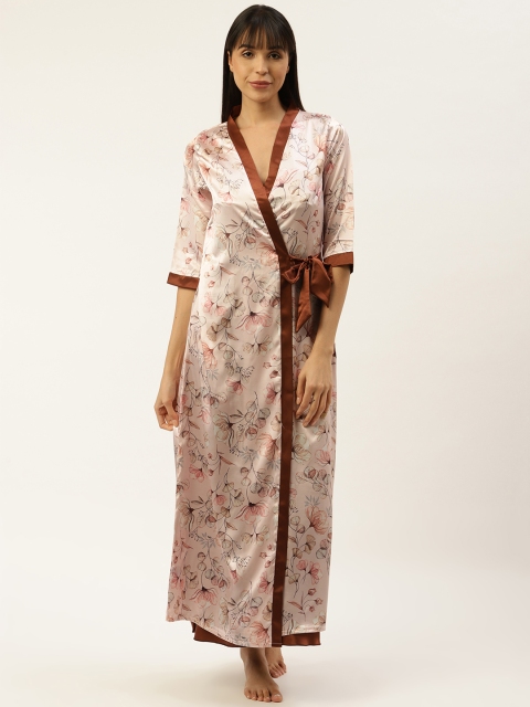 

Sweet Dreams Brown & Peach-Coloured Satin Finish Maxi Nightdress & Floral Print Robe