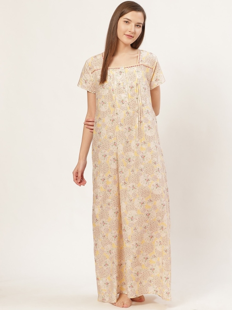 

Sweet Dreams Beige & Yellow Floral Printed Pleated Maxi Nightdress