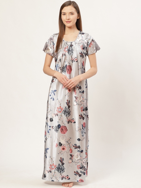 

Sweet Dreams Women Grey & Pink Satin Finish Floral Print Nightdress