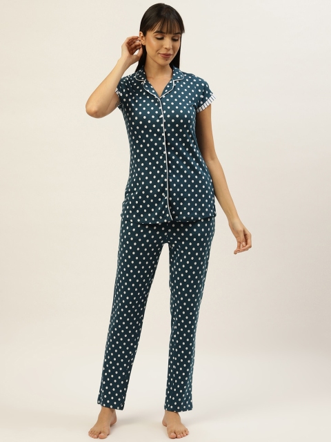 

Sweet Dreams Women Navy Blue & Off-White Polka Dot Print Night Suit