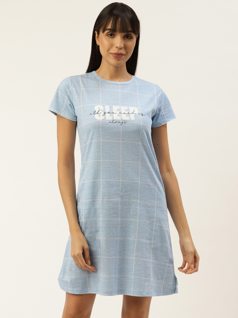 

Sweet Dreams Blue & White Checked Pure Cotton A-Line Sleep Shirt