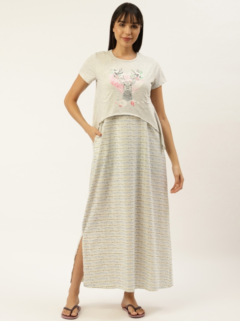

Sweet Dreams Grey Melange & Blue Striped Maxi Nightdress with Printed Top