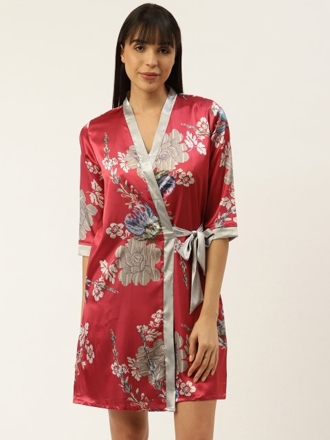 

Sweet Dreams Red & Grey Satin Finish Floral Printed Nightdress With Lace Detail Robe