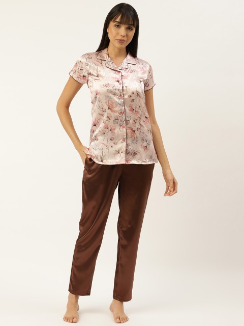 

Sweet Dreams Women Peach-Coloured & Brown Satin Finish Floral Print Night suit