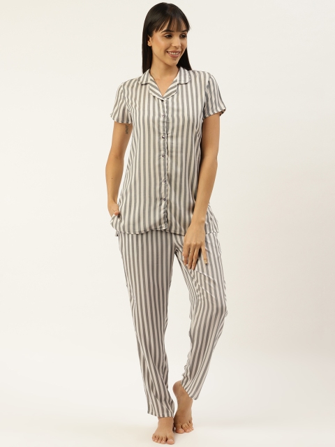 

Sweet Dreams Women Charcoal Grey & Off-White Striped Night suit