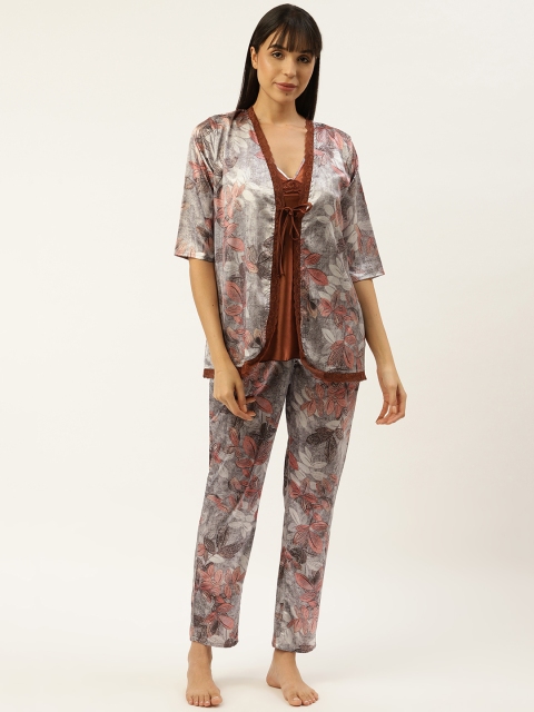 

Sweet Dreams Women Grey & Brown Satin Finish Floral Printed Nightsuit with Shrug