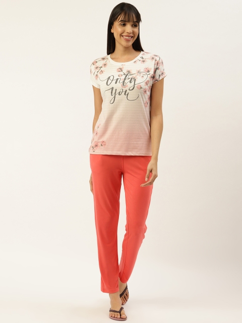 

Sweet Dreams Women Off-White & Coral Orange Printed Night Suit